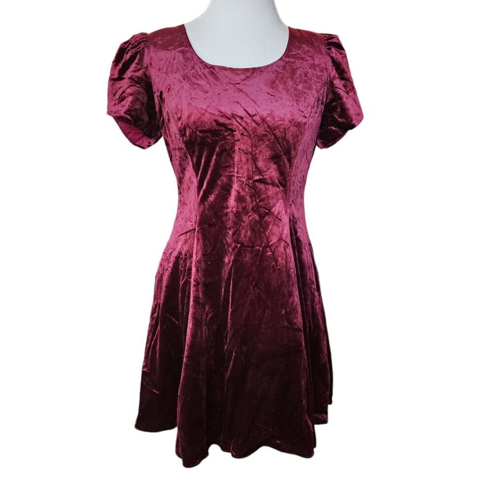 Vintage Womens Medium Velvet Formal Dress Strappy‎ Back Fit N Flare 90s Burgandy - Picture 2 of 11